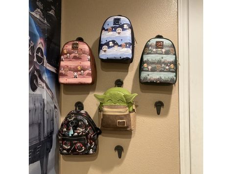 Mini Backpack Display Ideas, Displaying Loungefly Bags, Mini Backpack Storage Ideas, Loungefly Bag Storage, Display Loungefly Backpacks, How To Display Loungefly Backpacks, Loungefly Bag Display Wall, Disney Backpack Display, Loungefly Wall Display