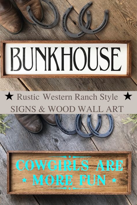 Decorate your living space with a handcrafted wood sign featuring a western ranch style.  Grab the 'Bunkhouse' sign to accent a cowboy themed bedroom, pick the 'Home is where your horse is' sign for the horse lover, or add a bit of humor with the 'Cowgirls Are More Fun' sign.  These wall plaques are ideal for any western or southwestern decor style.  They can also be displayed outside.  Shop the Western Themed Collection by Crow Bar D'signs on the Etsy shop.   #westernhomedecor #ranch #woodsigns Bunkhouse Sign, Cowboy Themed Bedroom, Western Wall Decor, Themed Bedrooms, Texas Decor, Fun Sign, Western Bedroom, Southwestern Decor, Horse Boarding