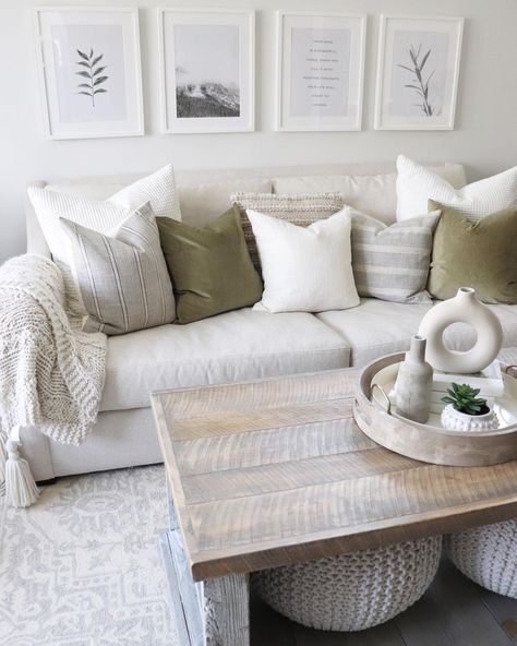 Cream Sofa Throw Ideas, Cushions For Beige Couch, Cushions For A Beige Sofa, White Sectional Green Pillows, Beige Sofa White Walls, Green Pillows White Couch, Grey Couch Sage Green Pillows, Beige Couch Throw Pillows, Light Gray Couch With Pillows