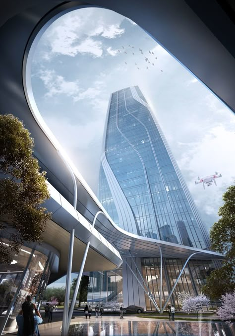 Gallery of UM Architect's New Zhangjiang City Gate Reconnects Occupants with Nature - 5 High Tech Building, Future Buildings, Tower Design, Architecture Images, Skyscraper Architecture, High Rise Building, Floating In Water, Architecture Rendering, Building Facade