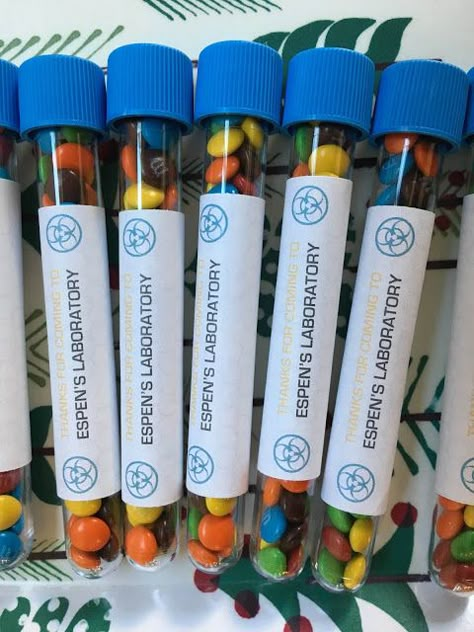 Test tube party favors from Science Birthday Party. Science Goodie Bags, Science Themed Birthday Party Food Ideas, Emily Wonder Lab Birthday, Science Birthday Party Favors, Laboratory Party, Medical School Graduation Party Ideas, Science Party Favors, Science Gifts For Kids, Science Lab Decorations