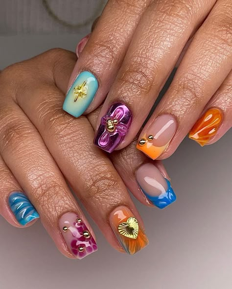 Fun Square Nails, Colorful Nails Square, Calm Nails, Vacation Manicure, Cool Girl Nails, Short Square Nail Designs, Natural Nail Ideas, Sqaure Nails, Square Nail Art