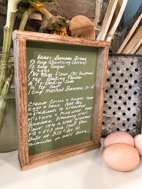 Recipe Display Ideas, Recipe Decor, Recipe Display, Teacher Name Signs, Wood Transfer, Handwritten Recipes, Grandmas Recipes, Christmas Decorations Living Room, Food Displays