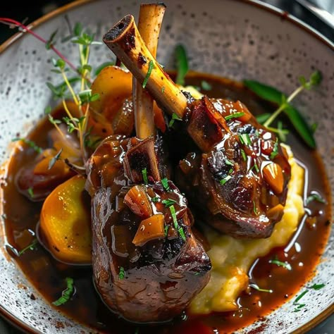 Lamb Shank Pasta, Fancy Meal Aesthetic, Bar Food Ideas Restaurant, Fancy Restaurant Food, Braised Lamb Shanks Recipe, Cookout Dishes, Braising Recipes, Sweet Chili Sauce Recipe, Braised Lamb Shanks