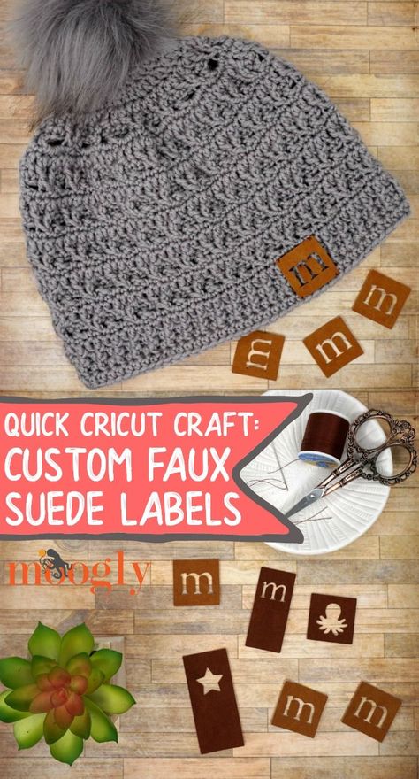 Custom hat labels are super popular right now, and you can make your own custom faux suede labels with this Quick Cricut Craft on Moogly!   #cricut #moogly #cricutmade #crochet #knitting Cricut Labels For Clothes, Clothing Labels Cricut, Diy Leather Labels, Leather Cricut, Cricut Leather, Crochet Labels, Knitting Labels, How To Make Leather, Crochet Tutorial Pattern