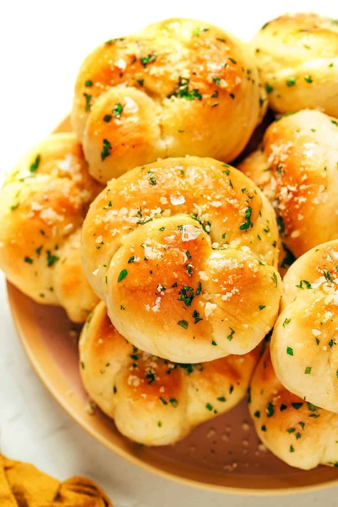 Garlic Knots Recipe | Gimme Some Oven Garlic Bread Knots Homemade, Homemade Garlic Knots, Garlic Knots Recipe, Homemade Buttermilk Biscuits, Garlic Knots, Gimme Some Oven, Cooking Thermometer, Dinner Rolls Recipe, Easy Bread Recipes