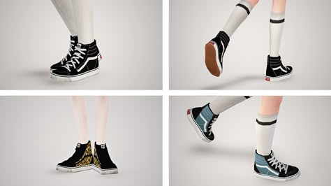 [ VANS Sk8-Hi ] credit_ Pixicat Converse HighTops male & female mesh edit & retexture by rasso model ; Sophie, Corby type ; white, black (stitch and shoelace) both gender YA~A recolorable (4... Sims 3 Shoes, Converse Hightops, Sims 4 Male Clothes, Sims 3 Cc Finds, Die Sims 4, Black Stitch, Cc Shoes, Sims 4 Cc Shoes, Intimo Calvin Klein