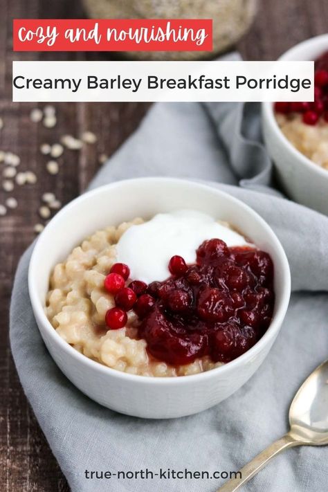 A bowl of barley porridge topped with lingonberries and yogurt. Breakfast Barley Recipe, Barley Recipe Healthy, Barley Breakfast, Barley Porridge, Bowl Of Oatmeal, Barley Recipe, Breakfast Porridge, Porridge Recipes, Pearl Barley