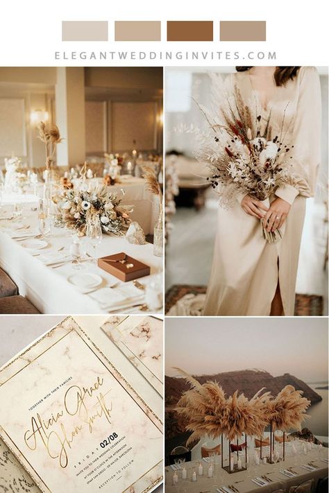 Brown Neutral Wedding Theme, Champaign Color Wedding, Champagne Wedding Theme Color Schemes, Champagne Color Palette Wedding, Beige Wedding Theme, Neutral Boho Wedding, Neutral Wedding Color Palette, Neutral Wedding Decor, Boho Wedding Colors