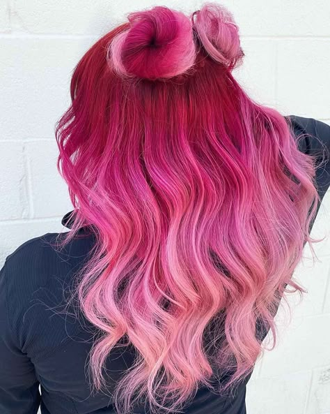 How to Get Pink OmbrÃ© Hair - 21 Cute Ideas for 2022 Hot Pink To Light Pink Hair, Pravana Pink Hair, Pink And Teal Hair Color Combinations, Pink And Purple Ombré Hair, Split Dyed Hair Fall Colors, Pink Hair Full Head, Pink Vivid Hair Color, Dark Pink Roots Light Pink Hair, Colorful Hair Styles