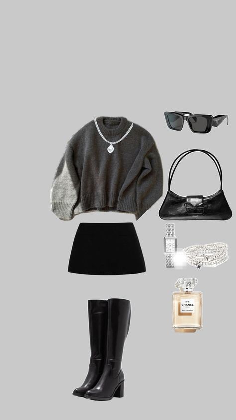 Sweater, black mini skirt outfit Outfits With Hoodies And Skirt, Black Mini Skirt Outfit Night Out, Black Miniskirt Outfits, Jeans Skirt Outfit Winter, Black Mini Skirt Outfit Night, Blue Jean Jacket Outfits, Black Mini Skirt Outfit, Mini Skirt Outfit, Black Skirt Outfits