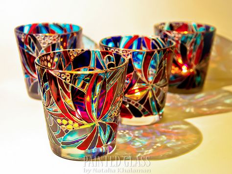 Candle holders | Flickr - Photo Sharing! Painted Glass Candle Holders, Painting Glass Jars, Glass Painting Patterns, Glass Painting Designs, Stained Glass Paint, Glass Bottles Art, Painted Glasses, Hand Painted Wine Glasses, Painting Glassware