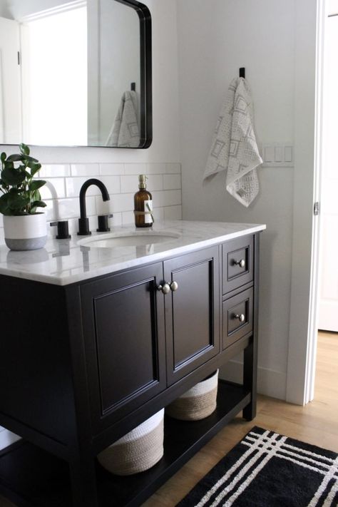 Powder Bathroom Remodel, Whitewashed Fireplace, Allisa Jacobs, Monochromatic Bathroom, Drømme Bad, Subway Backsplash, Powder Bathroom, Andong, Black Vanity Bathroom