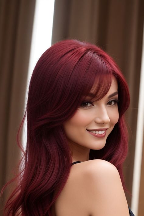 Hair Color Ideas Red Hair Styles Hairstyles Long, Dark Red Hair With Bangs, Roux Auburn, Valentines Hairstyles, Day Hairstyles, Glamorous Hair, Beautiful Red Hair, Long Red Hair, Summer Hair Color For Brunettes