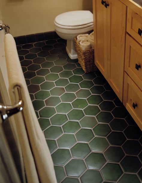 Honeycomb tile floor featuring Motawi’s Hexagon tiles in Lee Green Green Tile Bathroom Floor, Honeycomb Tiles Bathroom, Craftsman Bathroom Ideas, Green Hexagon Tile, Green Tile Floor, Hexagonal Art, Motawi Tile, Dark Green Tile, Hexagon Tile Bathroom