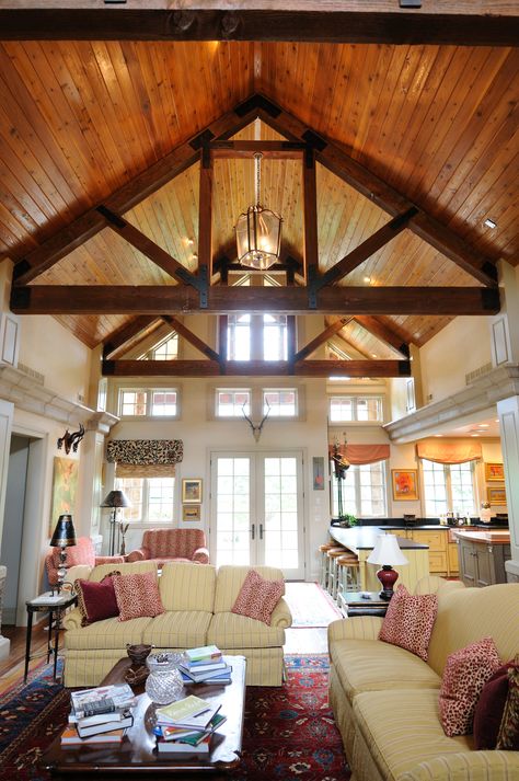 Wood Paneled Vaulted Ceiling, Craftsman Vaulted Ceiling, Wood Vaulted Ceiling Living Room, Wood Cathedral Ceiling, Angled Ceiling Living Room, Wood Vaulted Ceiling, Wood Ceiling Bedroom, Cabin Ceiling, Cabin Addition