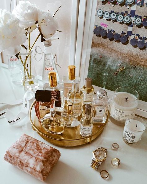 Although I dont wear perfume I love collecting them whats your favorite scent? #beauty #beautycare #makeupflatlay Perfume Tray Decor, Loungeroom Decor, Lotion Organization, Perfume Collection Display, Perfume And Lotion, Dresser Decor Bedroom, Love Perfume, Perfume Storage, Perfume Display