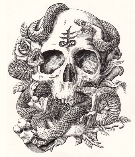 40 Sinister Pieces of Art & Design Work Featuring Snakes Satanic Tattoos, Badass Skulls, Sette Nani, Snake Art, Skull Tattoo Design, Skull Artwork, Desenho Tattoo, Dark Tattoo, Snake Tattoo