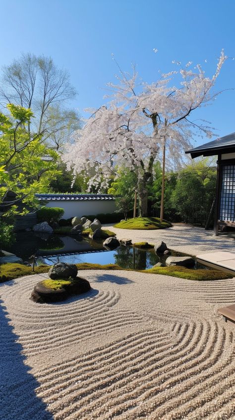 "Serene Japanese #Nature: A tranquil Japanese #ZenGarden showcasing meticulously #RakedSand, blossoming cherry trees, and traditional architecture under clear skies. #CherryBlossoms #JapaneseArchitecture #ScenicView #AIArt #AIPhoto #Stockcake ⬇️ Download and 📝 Prompt 👉 https://stockcake.com/i/serene-japanese-garden_193838_34371" Japanese Sun, Garden Japanese, Japanese Nature, Traditional Japanese Architecture, Japanese Pagoda, Traditional Japanese House, Cherry Trees, Japanese Gardens, Garden Images