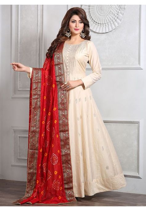 Bisque Cream Chanderi Silk Readymade Anarkali Suit Gol Dresses, Desi Mehndi, Silk Kurtis, Salwar Suit For Women, Wedding Salwar Suits, Wedding Salwar Kameez, Designer Anarkali Dresses, Readymade Salwar Kameez, Salwar Kameez Online Shopping