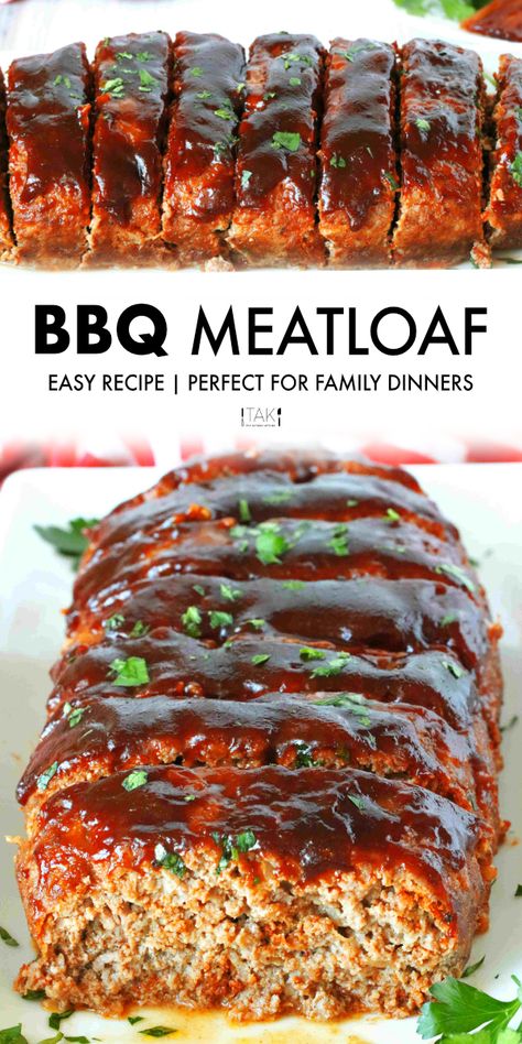 An easy, oven-baked BBQ Meatloaf recipe! Tender, juicy ground beef is loaded with savory, smoky flavor and topped off with a sticky-sweet BBQ Sauce glaze! Bbq Meatloaf, Good Meatloaf Recipe, Best Meatloaf, Easy Bbq, Easy Meatloaf, Honey Bbq, Bbq Meat, Meatloaf Recipe, Beef Recipes Easy