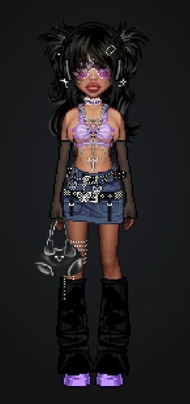 Black hair, purple shirt everskies female girl Black And Purple Concert Outfit, Y2k Fashion Purple, Y2k Purple Outfit, Purple Y2k Outfit, Recreate Outfits, Yk2 Outfits, Y2k Party Outfit, Cyberpunk Outfit, Purple Y2k