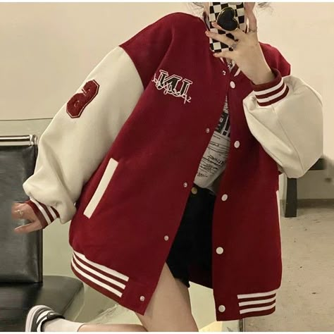 Baseball Jacket Outfit, Senior Jackets, Varsity Jacket Outfit, Outfit Oversize, Jacket Outfit Women, College Jackets, Outfit Korean, Print Embroidery, Korean Casual Outfits