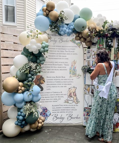 Storybook Voyage Backdrop Personalized Baby Shower Decoration - Etsy Storybook Balloon Arch, Disney Baby Shower Themes For Boys, Storybook Baby Shower Centerpieces, Storybook Party Theme, Baby Boy Themed Baby Shower Ideas, Baby Shower Disney Theme Boy, Boy Baby Shower Ideas Spring, Fairy Tale Baby Shower Ideas, Baby Shower Storybook Theme