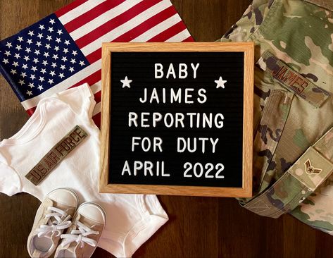 Military baby pregnancy announcement Marine Corps Gender Reveal Ideas, Army Gender Reveal Ideas, Military Gender Reveal Ideas, Army Baby Announcement, Pcs Announcement Military, Military Pregnancy Announcement, Military Baby Announcement, Disney Baby Announcement, July Baby Announcement