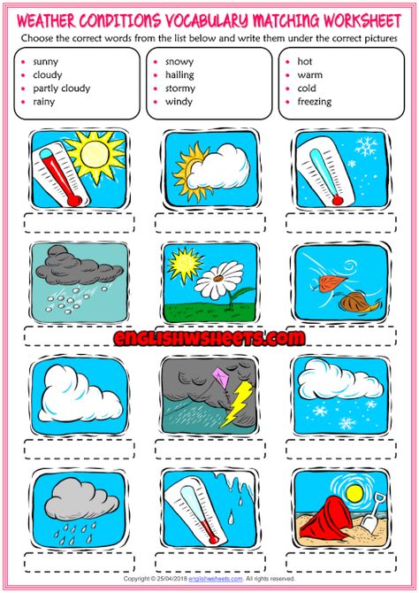 Weather Conditions ESL Matching Exercise Worksheet For Kids Weather And Clothes Worksheet, Esl Weather Activities, Esl Seasons Worksheets, Weather Vocabulary Worksheets, Types Of Weather Worksheet, Weather Conditions Worksheet, English Tutor, Learning Weather, Weather Worksheets