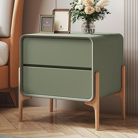 Green Side Table Living Room, Side Drawer Design, Green Night Stand, Bed Side Table Ideas, Bed With Side Tables, Side Table For Bed, Side Tables Bedroom Modern, Bed End Table, Modern Side Table Design