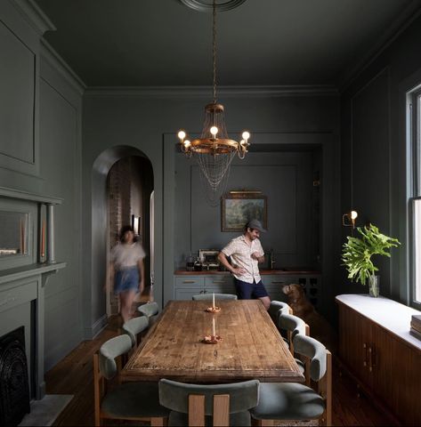 Green Dining Room, Home Transformation, Blue Accent Walls, Shotgun House, Hidden Potential, Public Architecture, Landscape And Urbanism, Chicago Architecture, Cultural Architecture