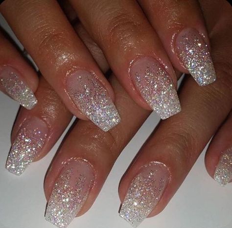 Nails For Hoco, Nail Care Diy, Prom Nails Silver, Silver Glitter Nails, Sally Hansen Nails, Formal Nails, White Glitter Nails, Homecoming Nails Acrylic, Nails Prom