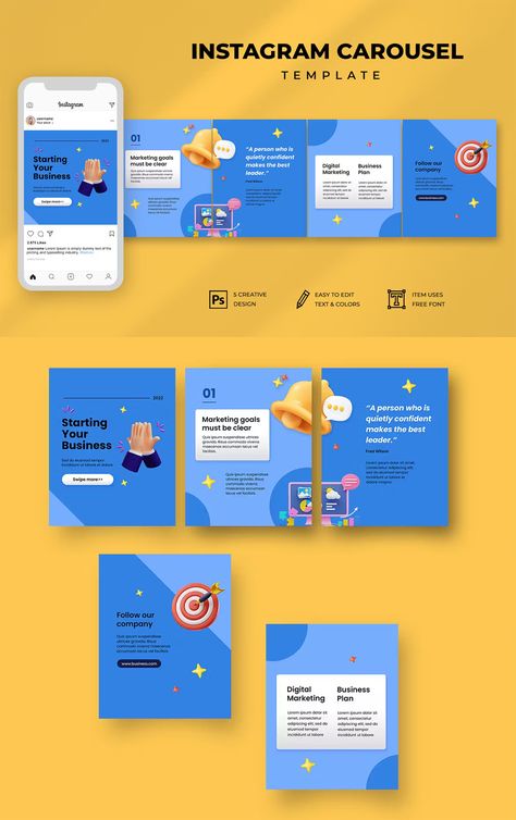 Business Instagram Carousel Design Template PSD Instagram Post Template For Business, Graphic Design Carousel Post, Carousel Ads Creative, Carousel Social Media Design, Graphic Design Carousel, Social Media Carousel Post Design, Carousal Design Ideas, Web Design Presentation, Instagram Marketing Design