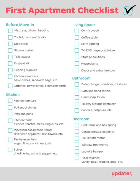 Your First Apartment Checklist — Everything You Need to Know - Updater Bedroom Ideas College Apartment, New Apartment Checklist, First Apartment Essentials, New Home Checklist, First Apartment Checklist, Apartment Needs, Apartment Checklist, First Apartment Decorating, Moving Checklist