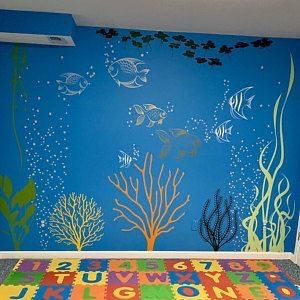 Fish Mural, Kids Bedroom Themes, Underwater Bedroom, Sea Murals, Church Wall Decor, Ocean Bedroom, Ocean Mural, Sea Paintings, Under The Sea Crafts