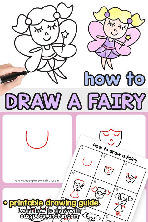 Easy Fairy Drawing, Draw A Fairy, Drawing Ideas Step By Step, Sheep Drawing, Fairy Paintings, Fairy Drawings, Easy Drawings For Beginners, Directed Drawing, Kids Worksheets Printables