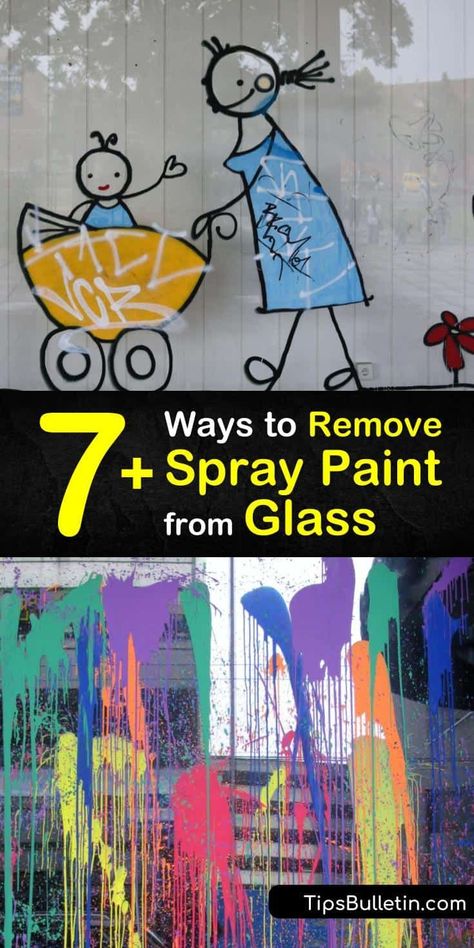 Learn how to use acetone, white vinegar, mineral spirits, and other common household solvents to remove overspray from glass surfaces. All you need is one of these paint remover products, a scraper, and glass cleaner to make the glass shine again. #remove #spray #paint #glass #DIY Spray Paint Remover, Remove Paint From Glass, Glass Spray Paint, Diy Household Cleaners, Remove Paint, Glass Diy, Stained Glass Paint, Mineral Spirits, Graffiti Painting