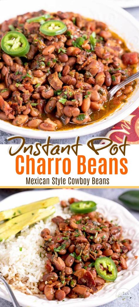 Charro Beans are delicious Mexican style pinto beans flavored with bacon, onions, tomatoes, cilantro and spices. This budget friendly and easy to make side dish is sure to become one of your favorite Instant Pot recipes. #pintobeans #pressurecooker #instantpot #sidedish #bacon #Mexican Charro Beans Mexican, Instant Pot Charro Beans, Mexican Crockpot, Mexican Beans Recipe, Cojita Cheese, Beans Mexican, Charro Beans, Pinto Bean Recipes, Serrano Peppers