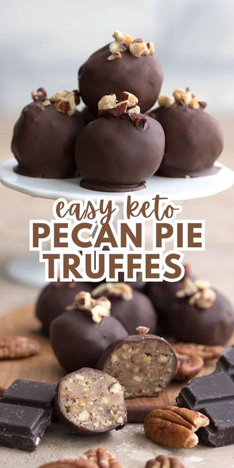 These Keto Pecan Pie Truffles are easy to make and so delicious! They are a perfect no bake sugar-free treat for any time of year. Keto Pecan Pie Bites, No Bake Keto Pecan Pie Cheesecake, Keto Pecan Cheesecake, Keto Thanksgiving Desserts, Pecan Pie Truffles, Keto Pecan Pie Recipe, Low Carb Pecan Pie, Keto Pies, Baileys Dessert