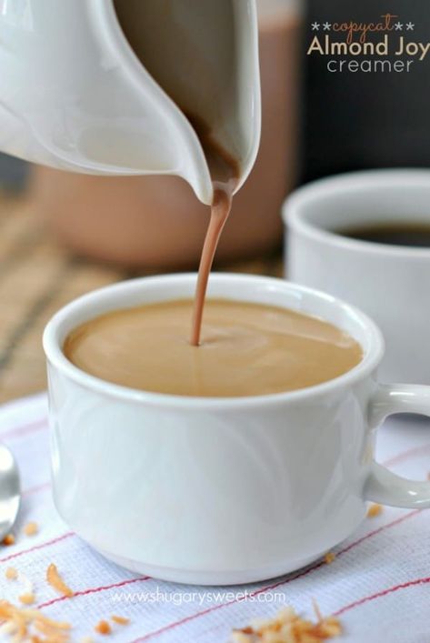 Homemade ALMOND JOY coffee creamer! So easy to make at home with a few ingredients! Almond Joy Coffee Creamer, Almond Joy Coffee, Homemade Almond Joy, Homemade Creamer, Homemade Coffee Creamer, Coffee Creamers, Coffee Creamer Recipe, Creamer Recipe, Kitchen Ingredients