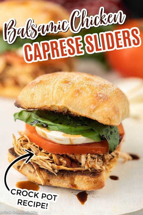 This Slow Cooker Balsamic Chicken Caprese Sliders recipe is easy to make and packed with tons of flavor. Everyone will love these chicken cypress sliders and thanks to the crock pot, they are easy to throw together! Check out this Crock Pot Balsamic Chicken Caprese Sliders. #eatingonadime #capreserecipes #crockpotrecipes #slowcookerrecipes Caprese Chicken Crockpot, Crock Pot Balsamic Chicken, Balsamic Chicken Sandwich, Crock Pot Sliders, Crockpot Sliders, Crock Pot Lunch Recipes, Healthy Sliders, Balsamic Chicken Crock Pot, Caprese Sliders