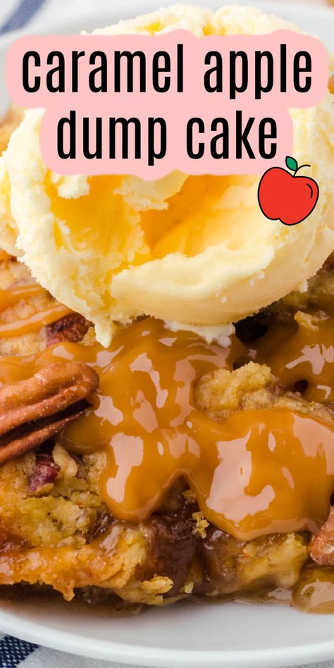 close up of caramel apple dump cake Cherry Pineapple Dump Cake, Peach Cobbler Dump Cake, Apple Dump Cake, Caramel Apple Dump Cake, Canned Apple Pie Filling, Apple Dump Cakes, Caramel Apple Pie, Plain Chicken, Spice Cake Mix