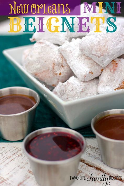 Beignet Recipe, New Orleans Recipes, Mardi Gras Food, Raspberry Sauce, Mardi Gras Party, Jambalaya, Beignets, Favorite Desserts, Powdered Sugar