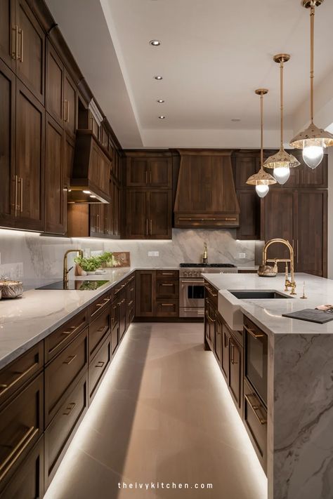 Modern kitchen with dark wood cabinets, marble countertops, and gold fixtures. Modern Brown Kitchen, Kitchen Ideas Elegant, Kitchen Inspirations Luxury, Modern Elegant Kitchen, Ivy Kitchen, Modern Luxury Kitchen Design, Modern Luxury Design, Luxury Kitchen Designs, Sleek Cabinet