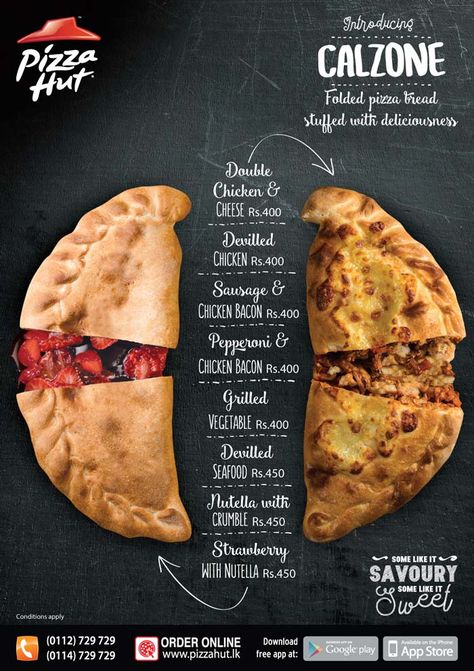 Introducing CALZONE from Pizza Hut! Pizza Menu Ideas, Pizza Menu Design Ideas, Pizza Design Ideas, Pizza Menu Design, Pineapple On Pizza, Pizza Calzone, Creative Pizza, Pizza Branding, Menu Card Design