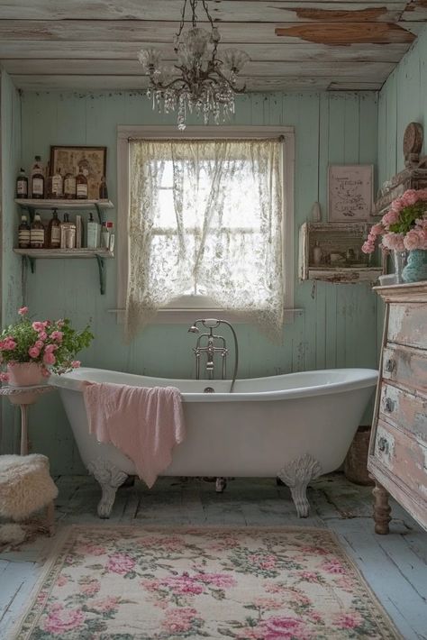 29 Vintage Bathroom Designs That Bring Timeless Elegance 10 Clawfoot Tub With Chandelier, Princess Bathroom Decor, Feminine Bathroom Ideas, Shabby Chic Bathroom Ideas, Clawfoot Tub Ideas, Crystal Sink, Shabi Chic, French Cottage Bathroom, Clawfoot Tub Bathroom