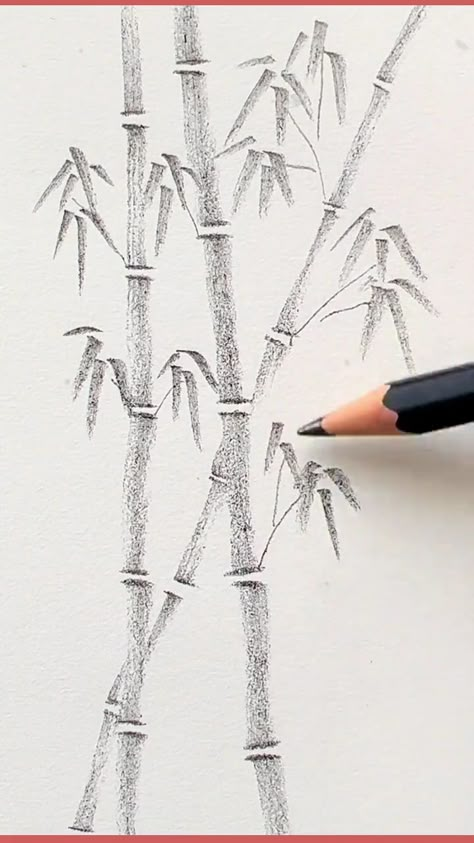 Simple Tree Drawing Sketches, How To Draw Bamboo Step By Step, Japanese Sketch Art Drawings, Simple Creative Drawings, Bamboo Pencil Drawing, Art Sketches Step By Step To Draw, How To Use Sketch Pencils, Painting Learning Step By Step, Pencil Sketch Tutorials Step By Step