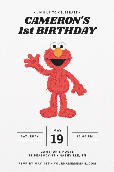 Simple Elmo 1st Birthday Invitation
Invite all your family and friends to your child's birthday with these simple birthday invitations featuring Elmo. Personalize by adding all your party details! Simple Birthday Invitations, Elmo 1st Birthday, Elmo Invitations, Elmo Birthday Invitations, Sesame Street Birthday Invitations, Elmo Birthday, Sesame Street Birthday, 1st Birthday Invitation, Simple Birthday