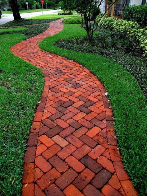 Red brick path. 26 Awesome Backyard Design Ideas You May Want to Try Right Now Garden Pavers, Brick Pathway, Taman Air, Walkway Design, Brick Path, Pathway Landscaping, Walkways Paths, Small Front Yard Landscaping, Garden Walkway